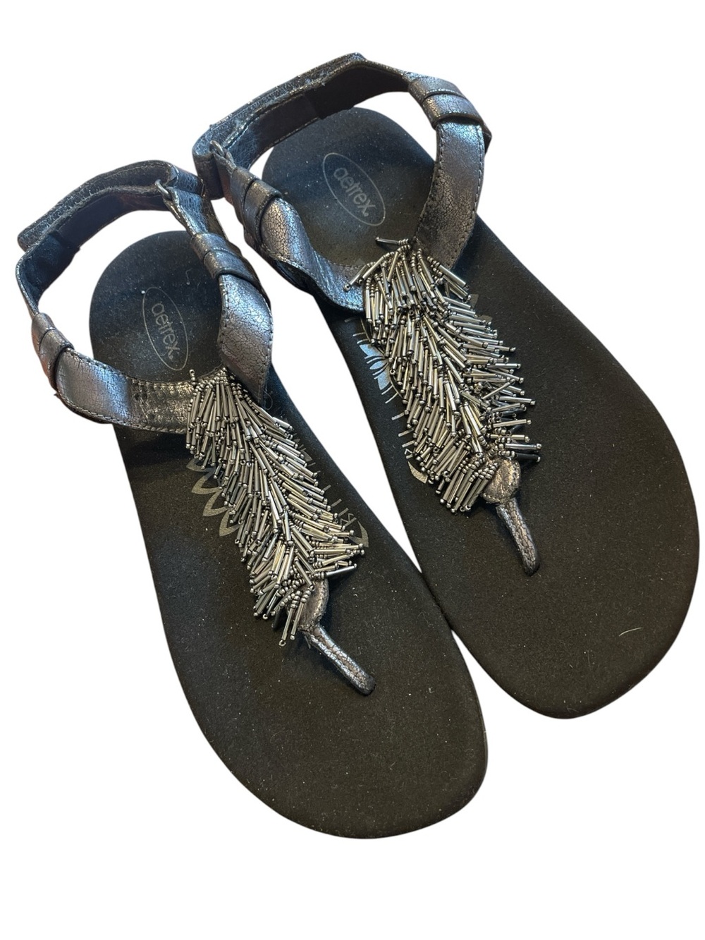 Aetrex Beaded Comfort Thong Sandals Black Metallic Women’s US 10 Orthotic